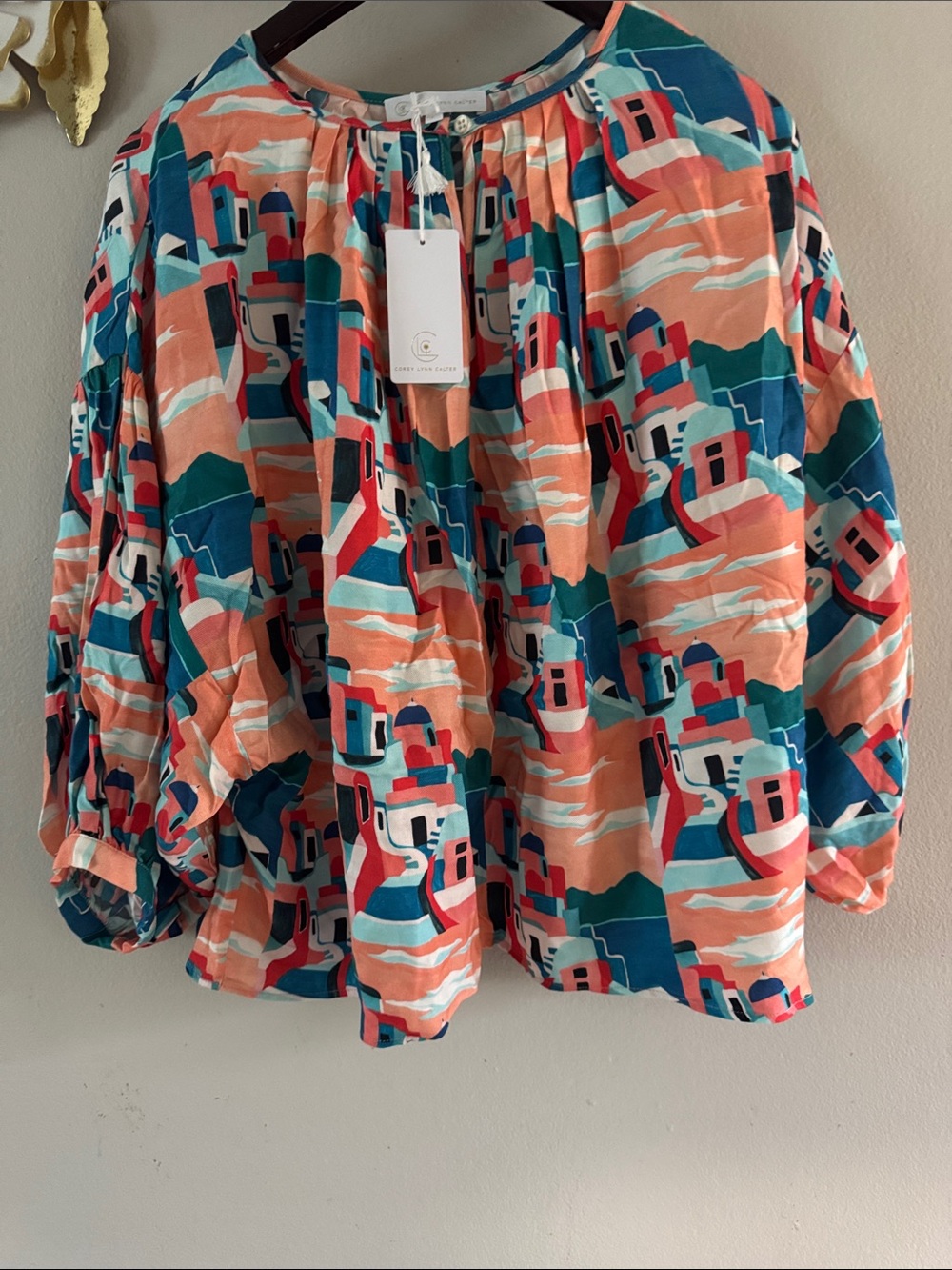 Corey Lynn Calter Coral, Teal, Navy & Cream Abstract Peasant Top